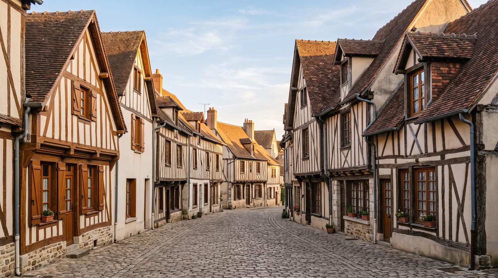 Toitures en tuile plate de maisons à colombages dans le centre historique d’Aubigny-sur-Nère