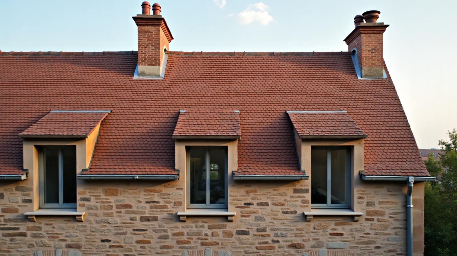 Gros plan sur une toiture en tuile du centre ancien de Bourges