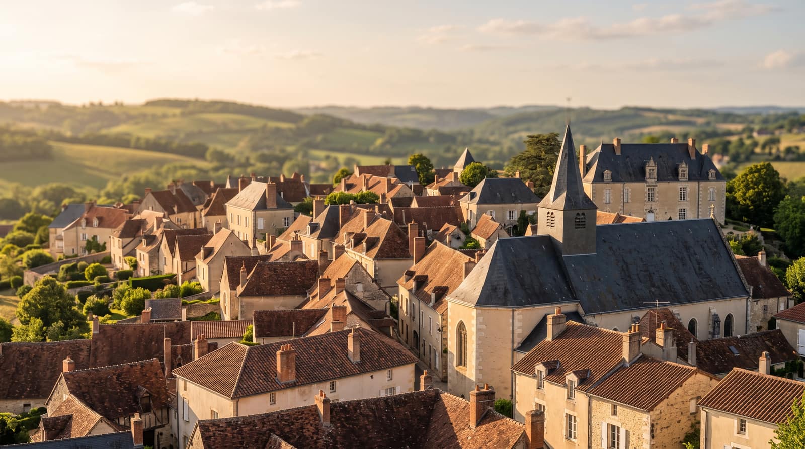 Toitures en tuile et ardoise de maisons en pierre calcaire à Saint-Amand-Montrond