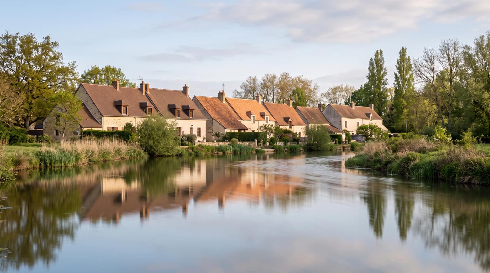 Toitures de maisons de bourg en bord de rivière à Saint-Florent-sur-Cher